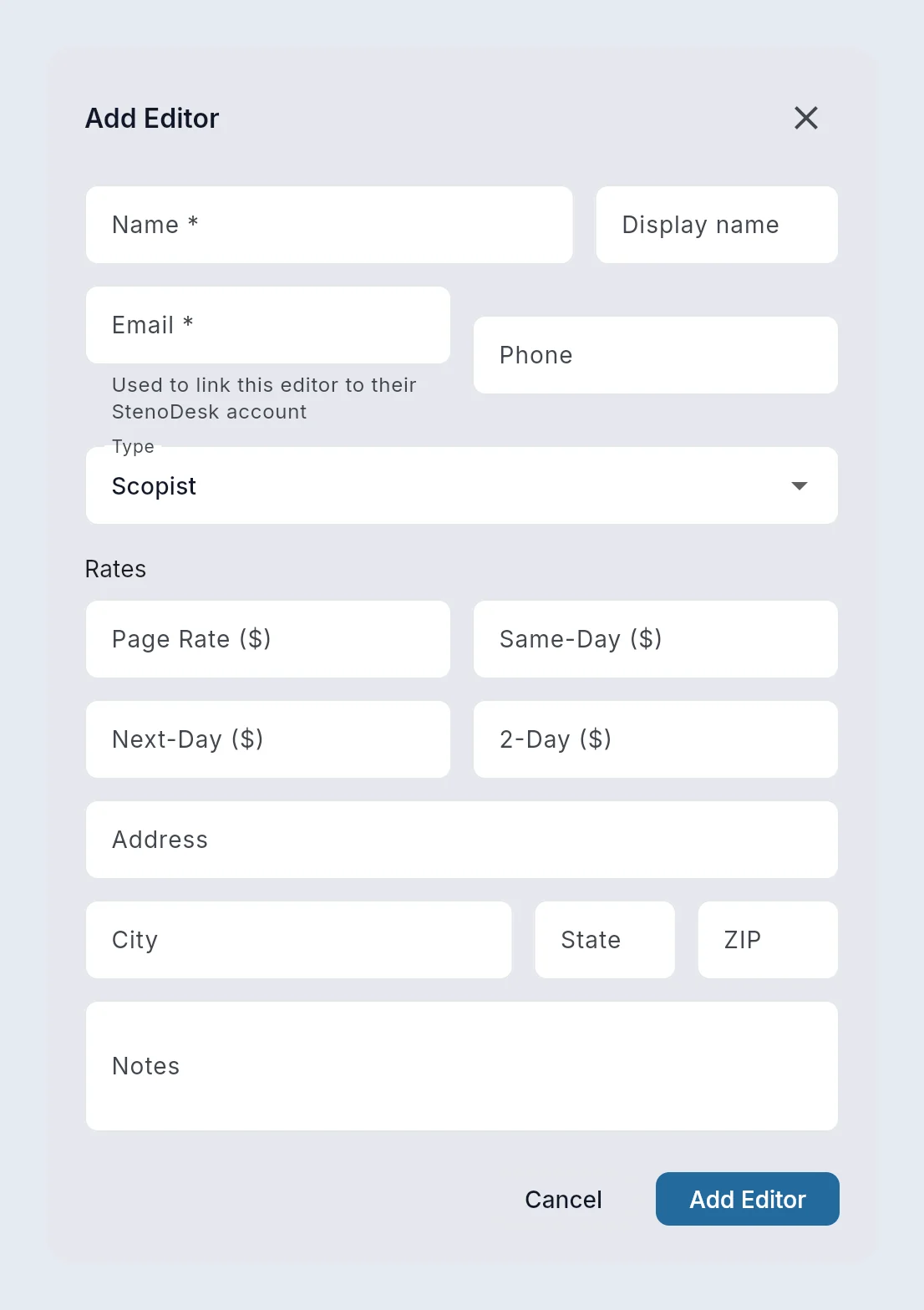 The Add Editor form