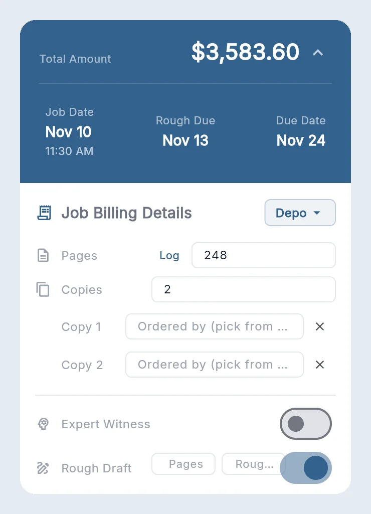 Job Billing Details, top half: total, dates, pages, copies, expert witness and rough draft