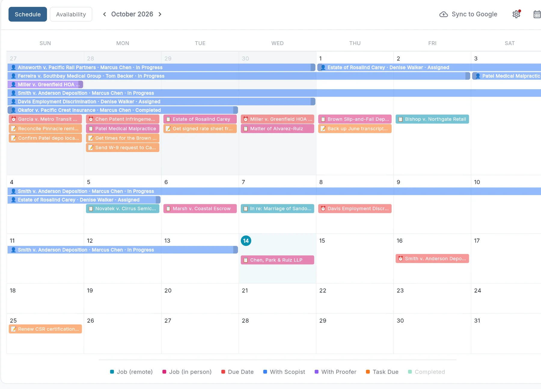 The StenoDesk calendar with jobs, editor stages and due dates for the month