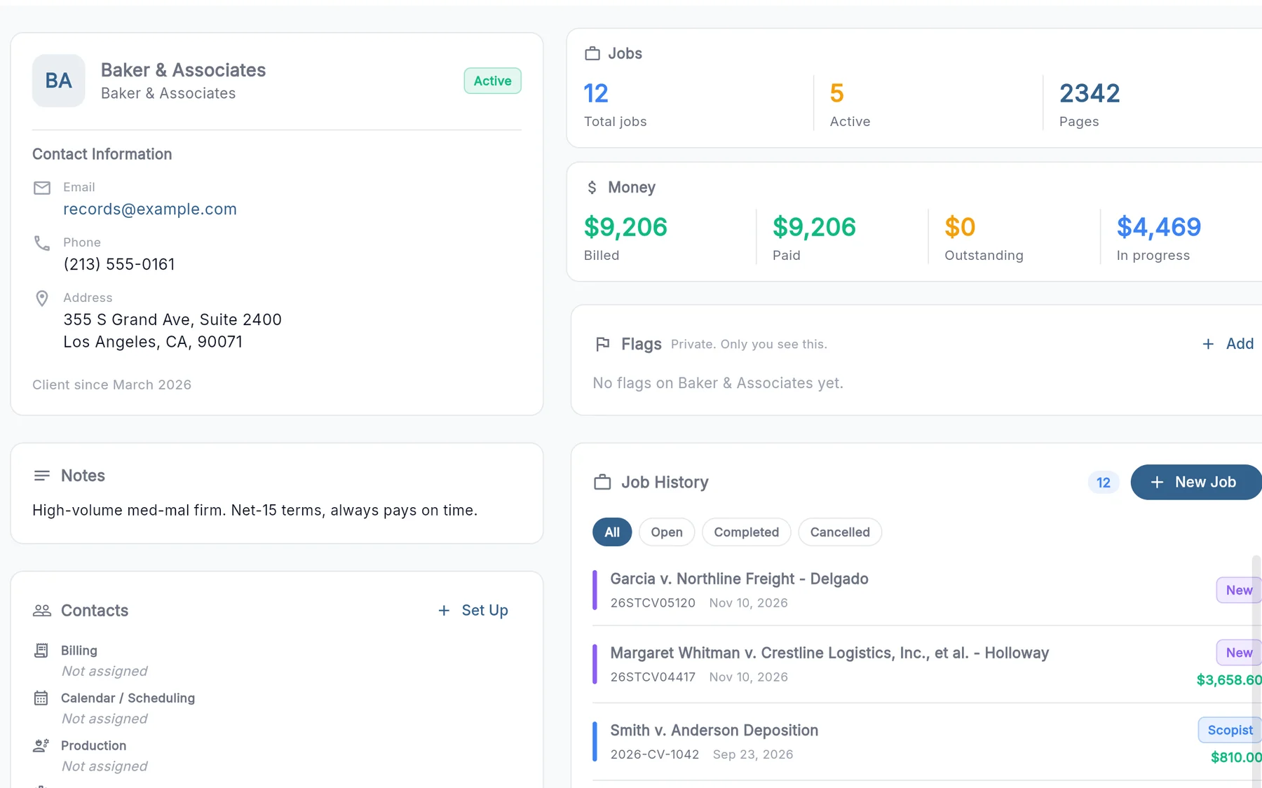 A client page with job and money totals, contact information, notes and job history
