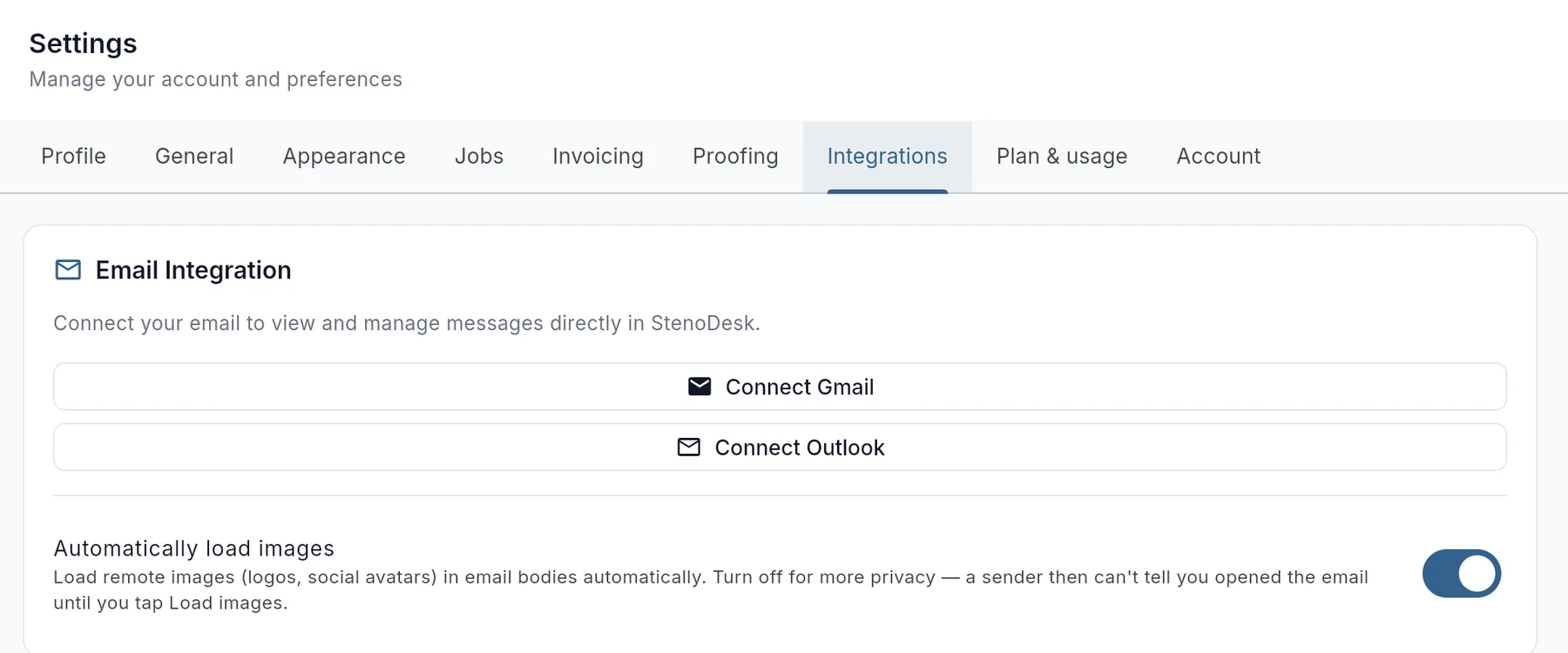 Settings, Integrations, with Connect Gmail and Connect Outlook buttons