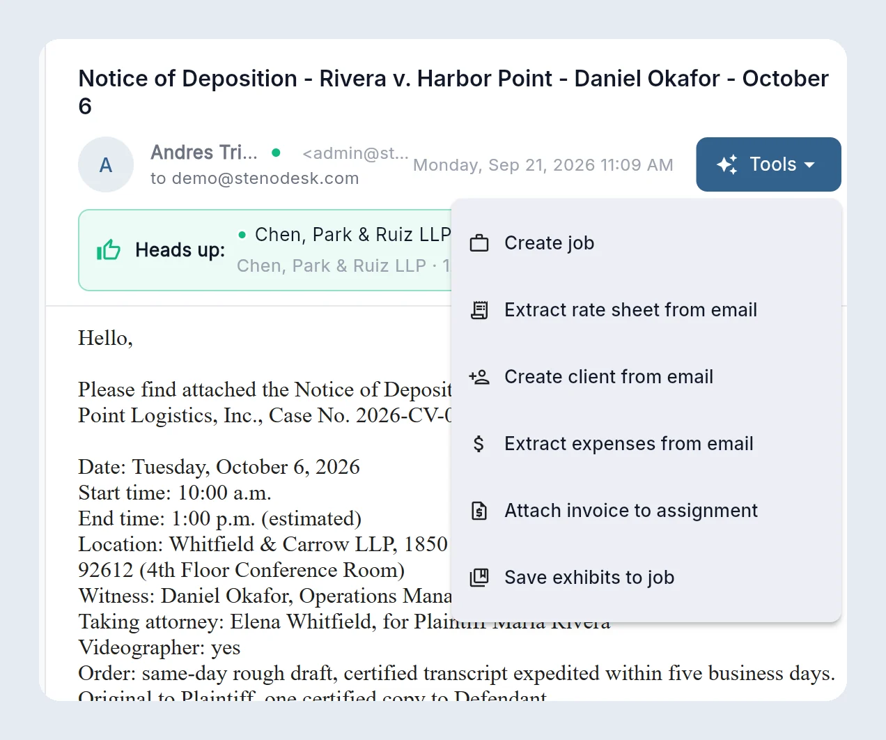 An open email with the Tools menu showing Create job