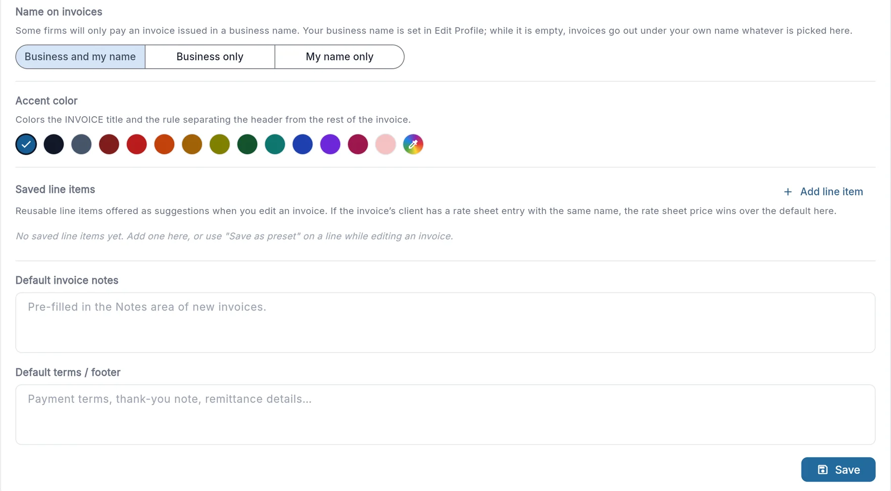 Settings, Invoicing: name on invoices, accent color, saved line items and default notes