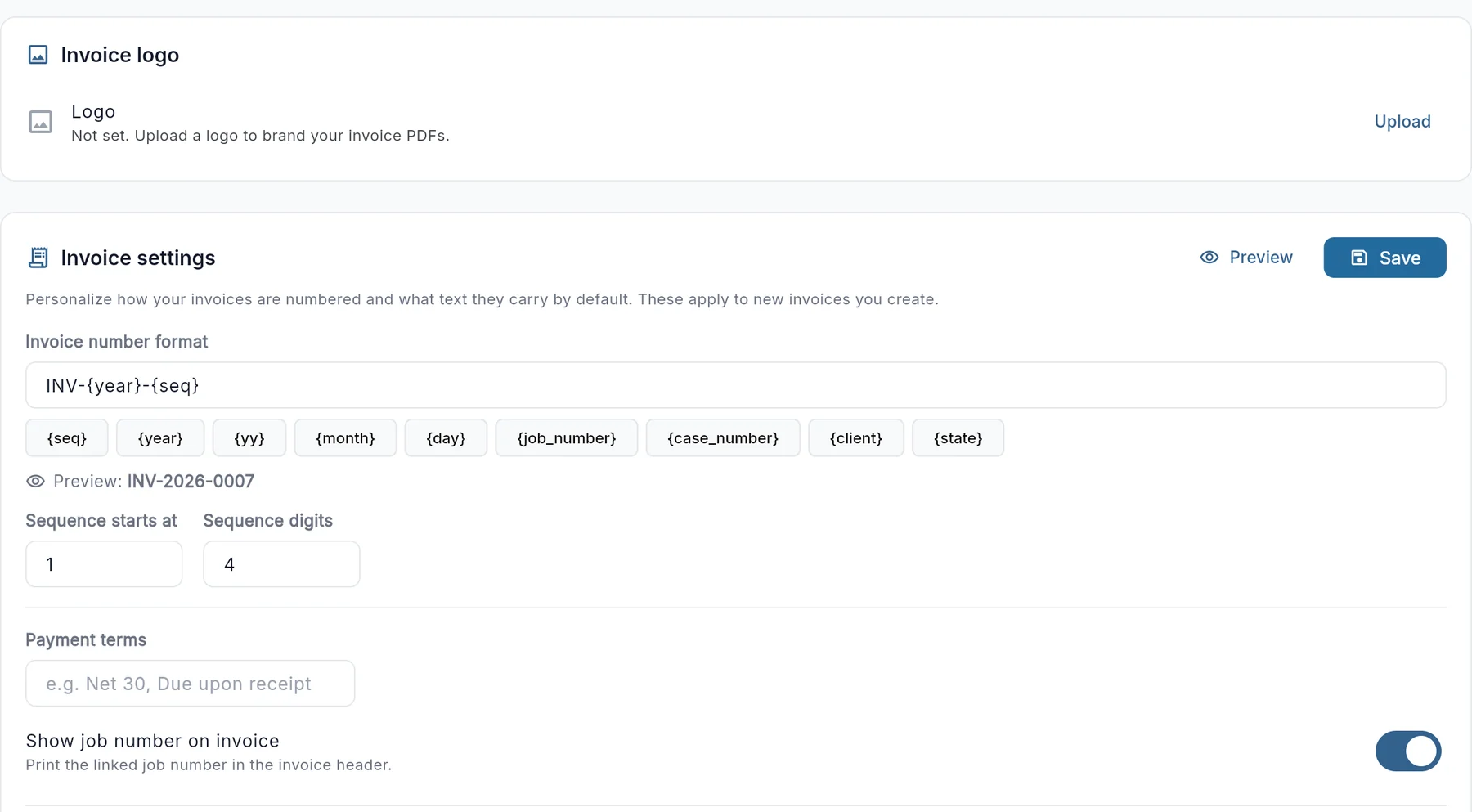 Settings, Invoicing: logo, invoice number format, sequence and payment terms