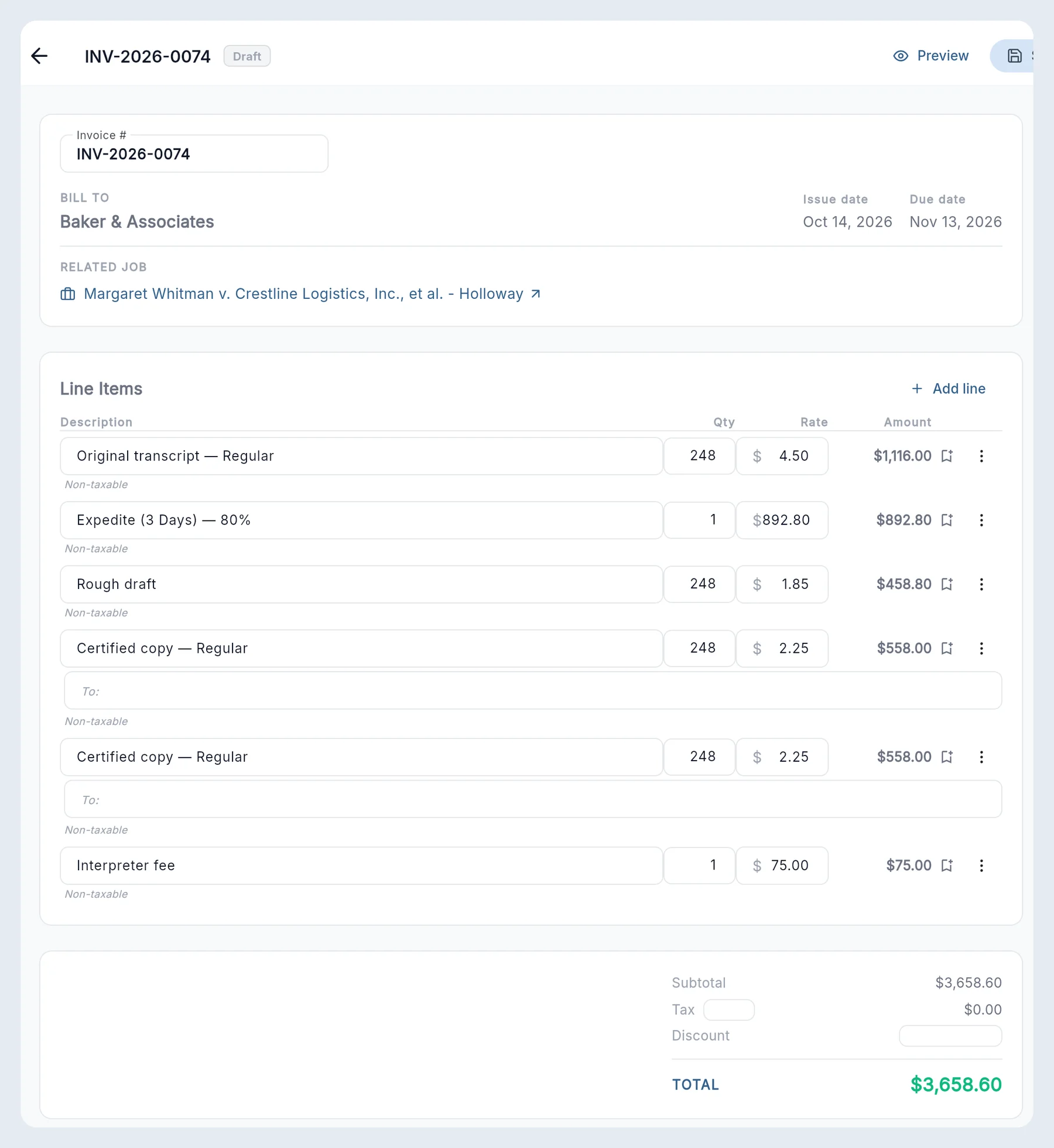 An invoice with six lines built automatically: original transcript, 3-day expedite, rough draft, two certified copies and an interpreter fee, with the total