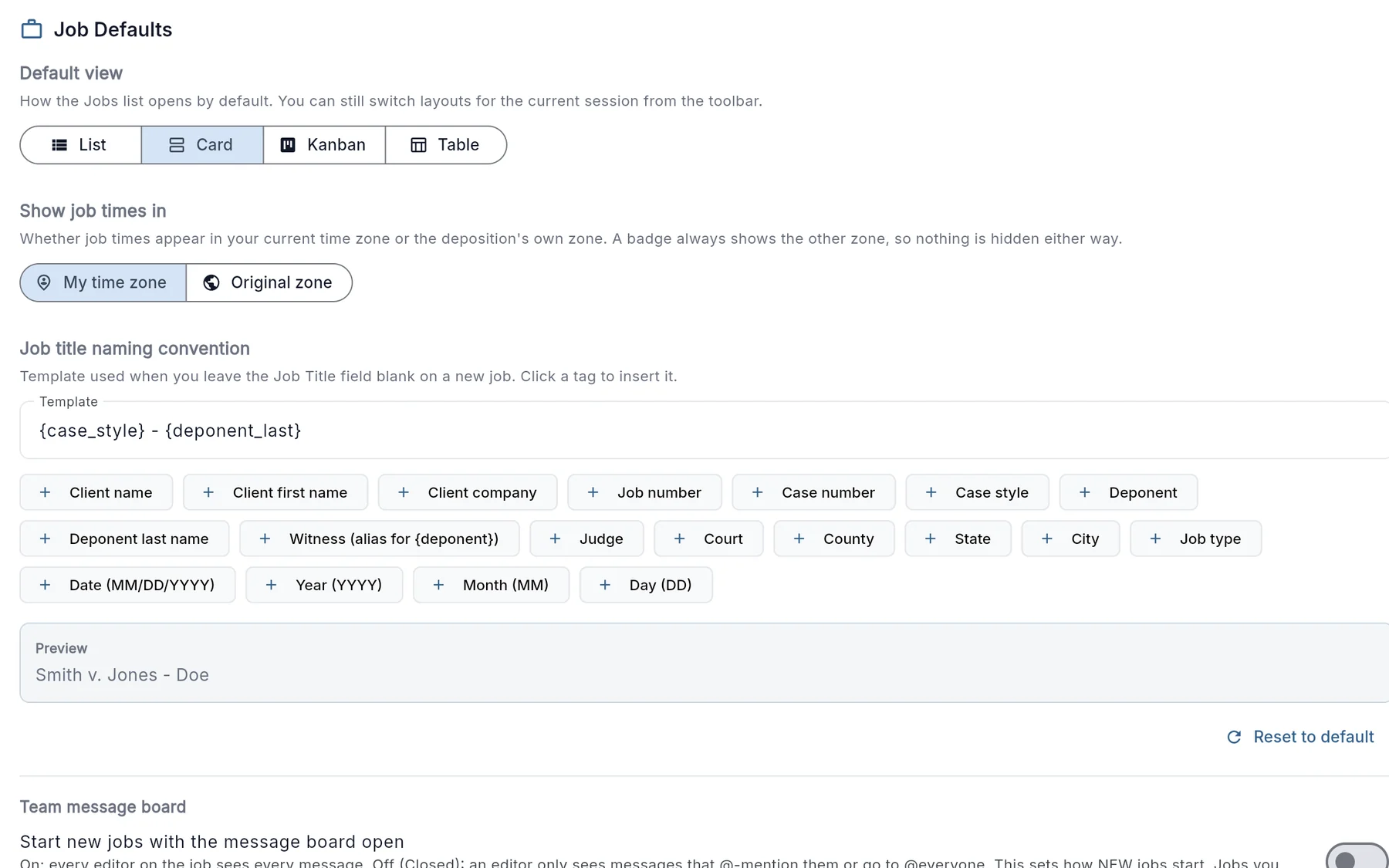 Settings, Jobs: job title naming convention with tags and a preview