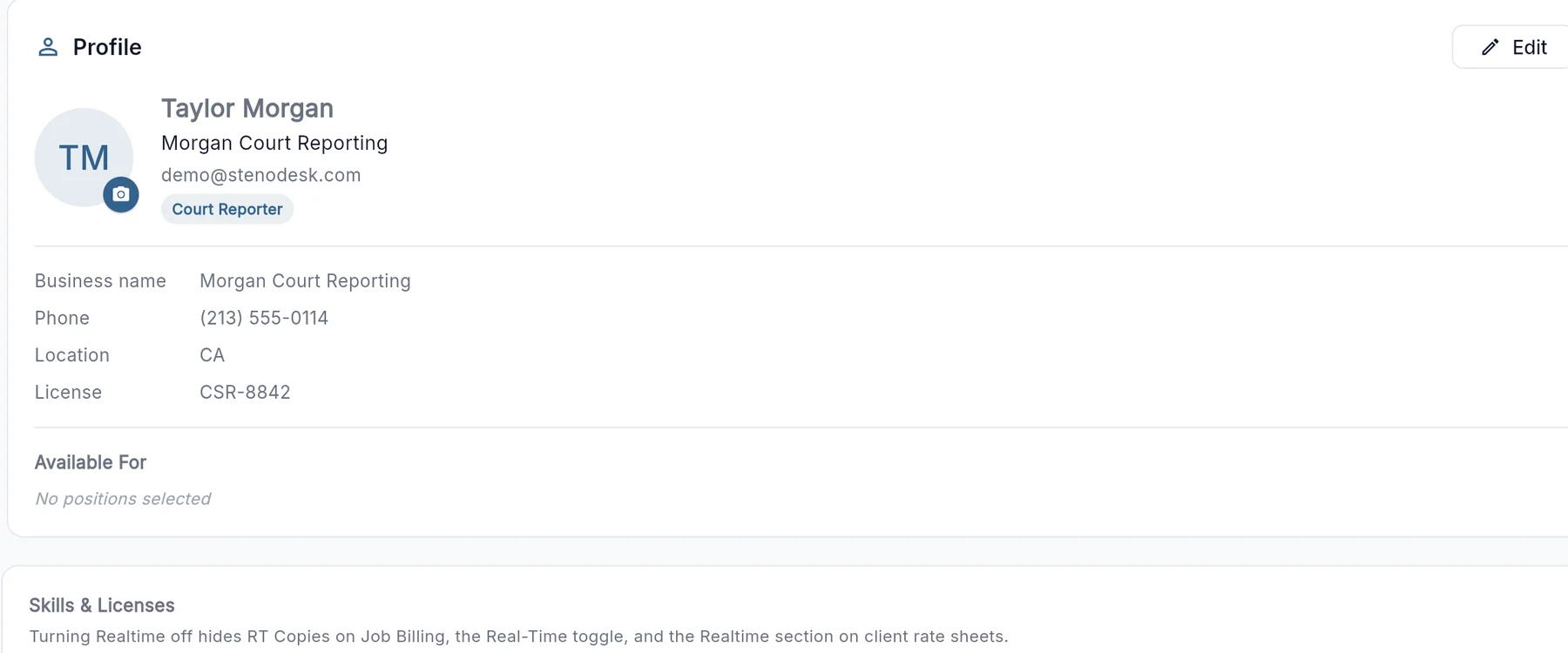 Settings, Profile card with business name, phone, location and license number