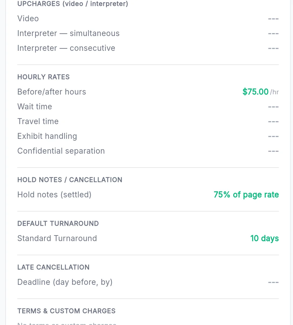 Rate sheet: hourly rates, hold notes and the default turnaround of 10 days
