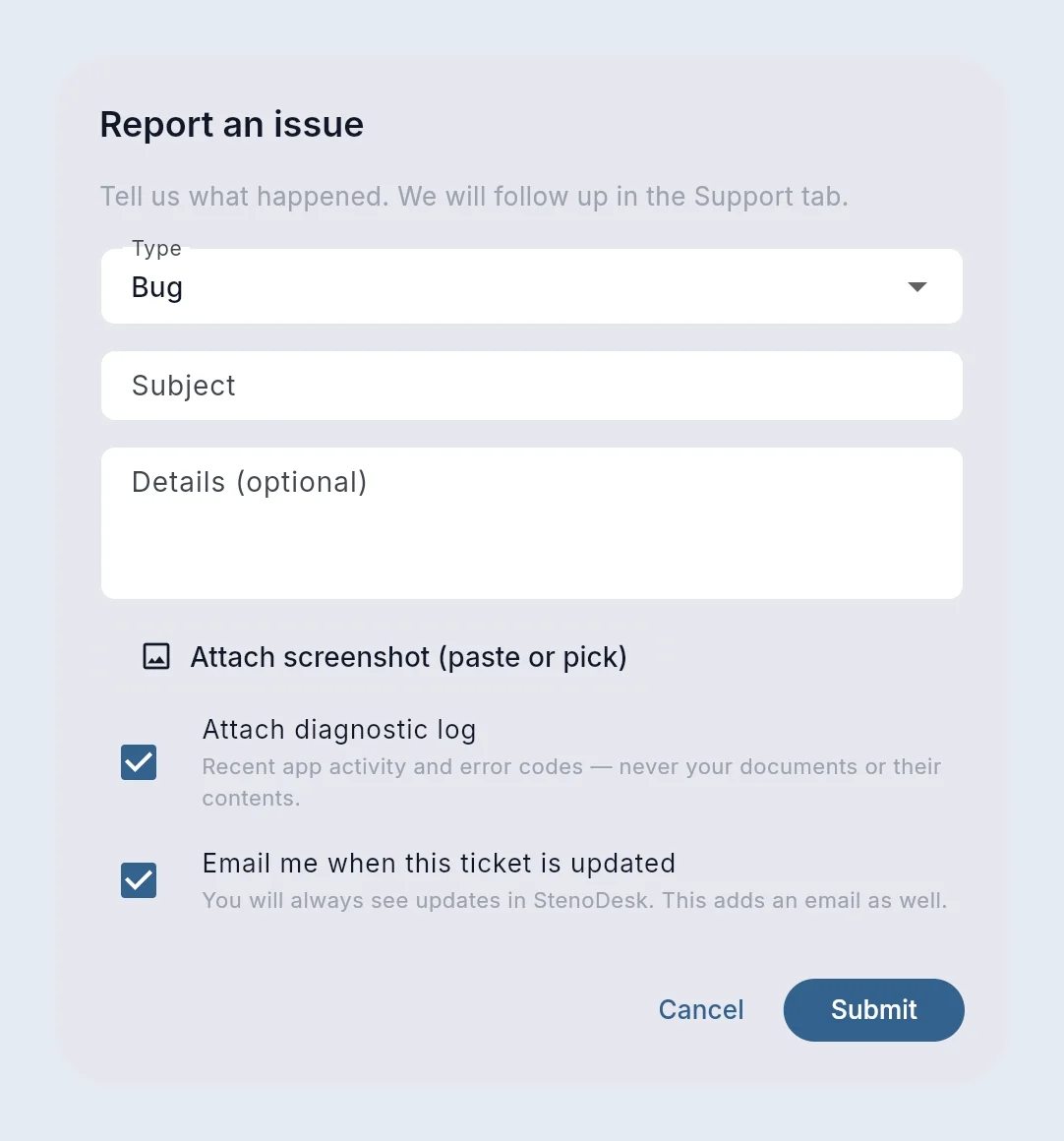 The Report an issue form: type, subject, details, screenshots, diagnostic log and email updates