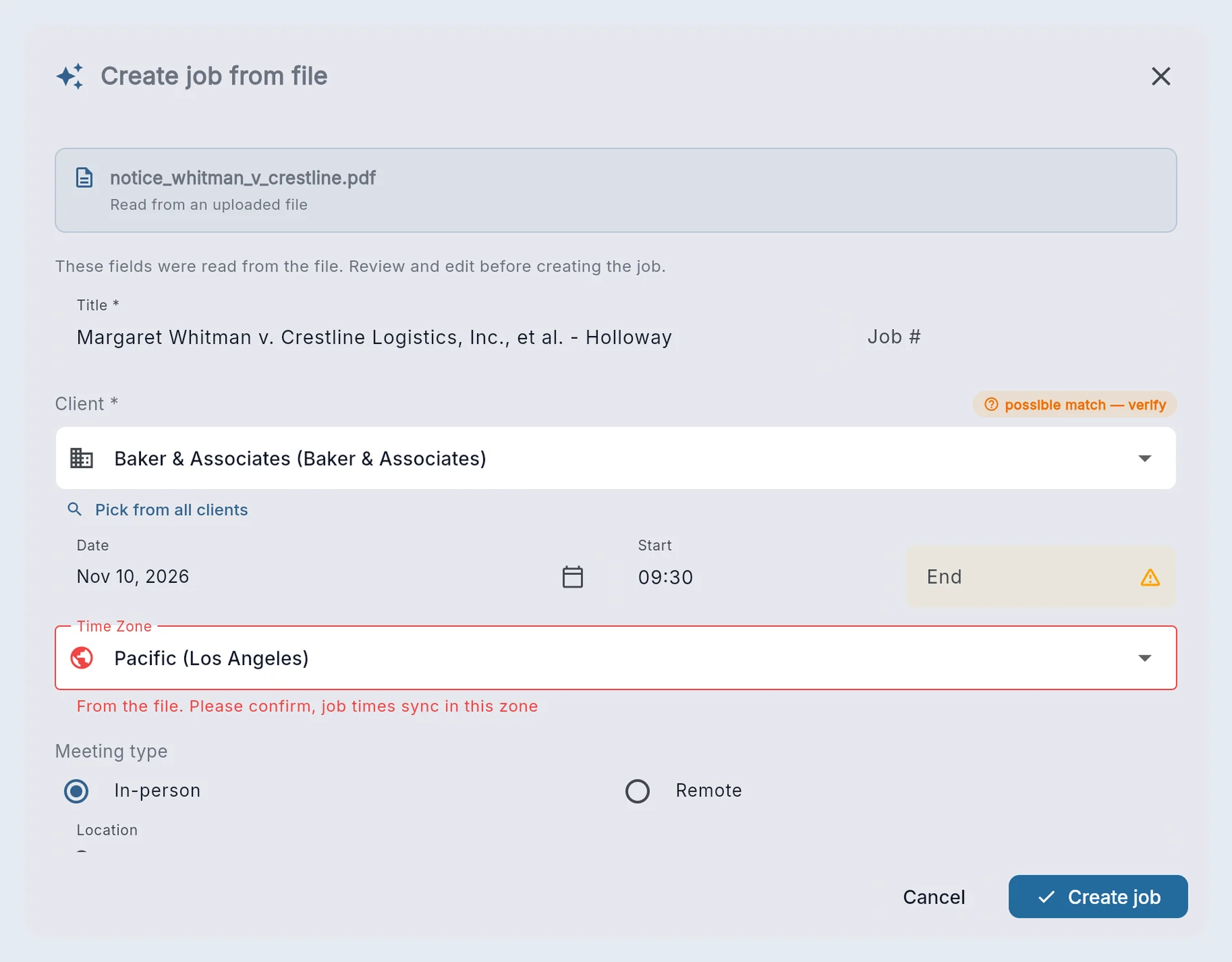 Review window: title, client, date, start time and time zone read from the notice