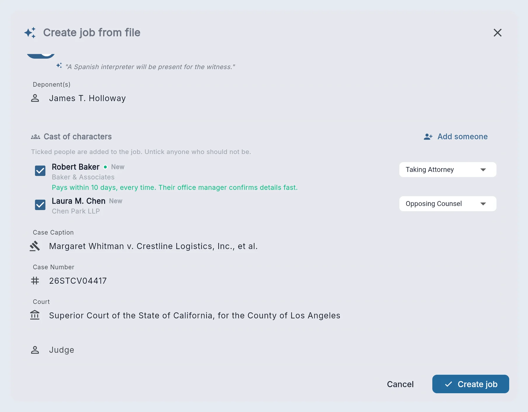 Review window: deponent, cast of characters with roles, case caption, case number and court